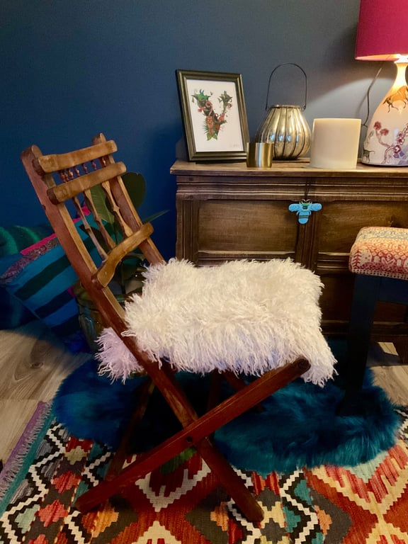 Vintage Folding Campaign Chair Fluffy Mongolian Faux Fur Teddy or Dolls Chair