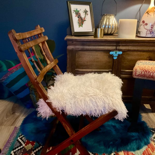 Vintage Folding Campaign Chair Fluffy Mongolian Faux Fur Teddy or Dolls Chair