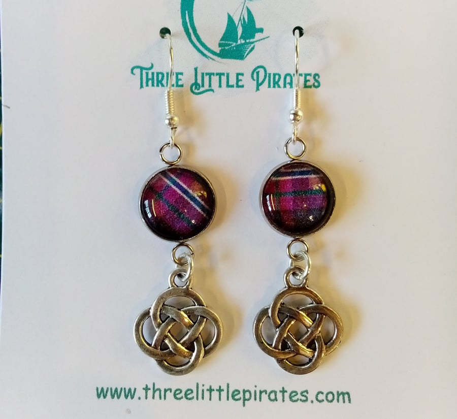 Celtic Knot tartan long dangly earrings, handmade in Scotland