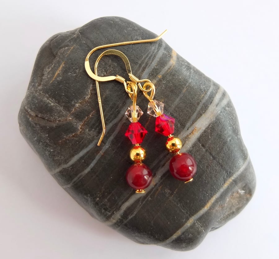 Ruby Red & Silk Swarovski Crystals and Red Agate Bead Earrings - Seconds Sunday