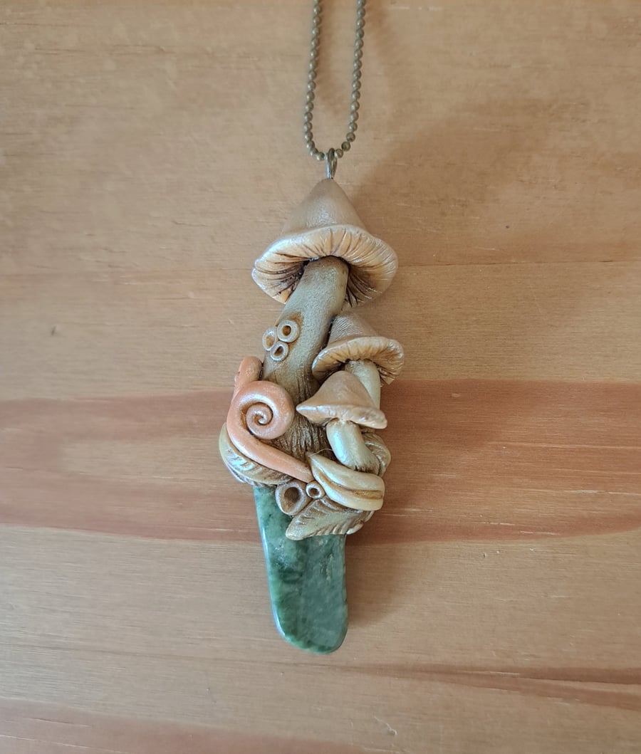 Green Jasper Crystal and Polymer Clay Woodland Mushroom Amulet Pendant