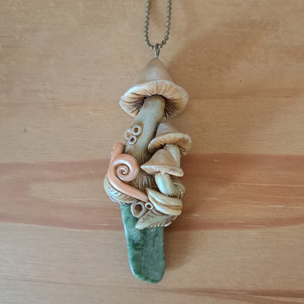 Green Jasper Crystal and Polymer Clay Woodland Mushroom Amulet Pendant