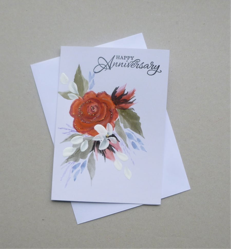 hand painted roses anniversary greeting card (f660 H1 )