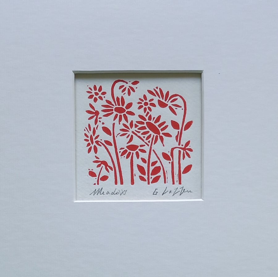 Flower Meadow, Mini Linocut, Original Lino Print by Giuliana Lazzerini