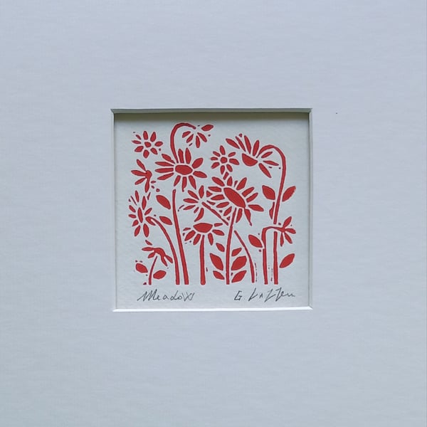 Flower Meadow, Mini Linocut, Original Lino Print by Giuliana Lazzerini