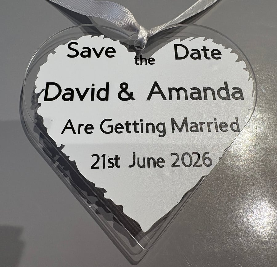 Personalised Acrylic Heart Save the Date Magnet – Paint Effect & Vinyl Lettering