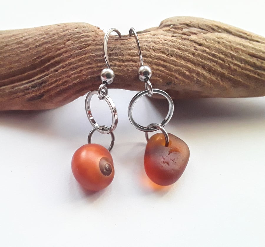 Asymmetrical Seaglass & Shell Earrings: Cinnamon 