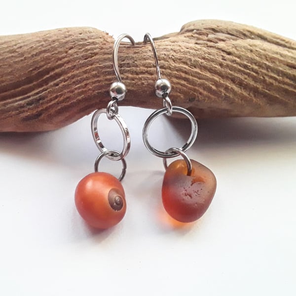 Asymmetrical Seaglass & Shell Earrings: Cinnamon 