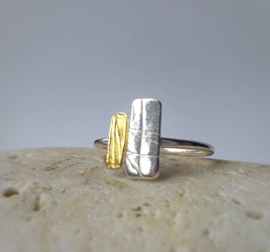 Organic feel adjustable silver ring with 24ct gold detail 