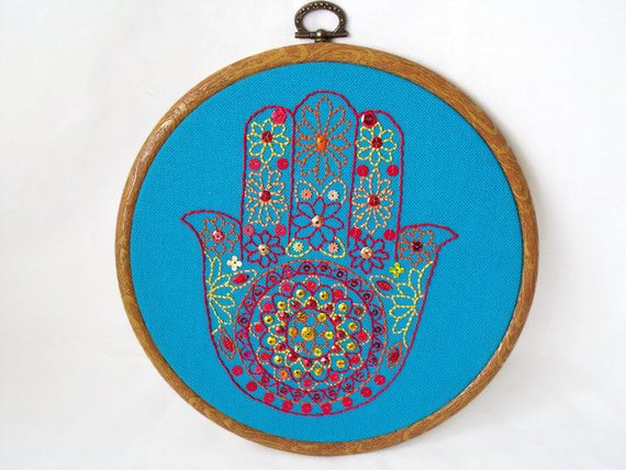hamsa hand embroidered hoop art wall hanging, hand of fatima art