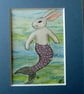 Merbunny Mermaid Bunny Rabbit ACEO original miniature painting in mount - Image 2