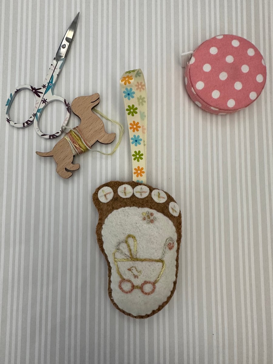 Hanging new baby footprint,first Christmas, hand embroidered, nursery bauble. 