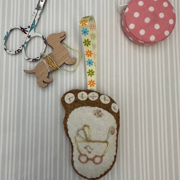 Hanging new baby footprint,first Christmas, hand embroidered, nursery bauble. 