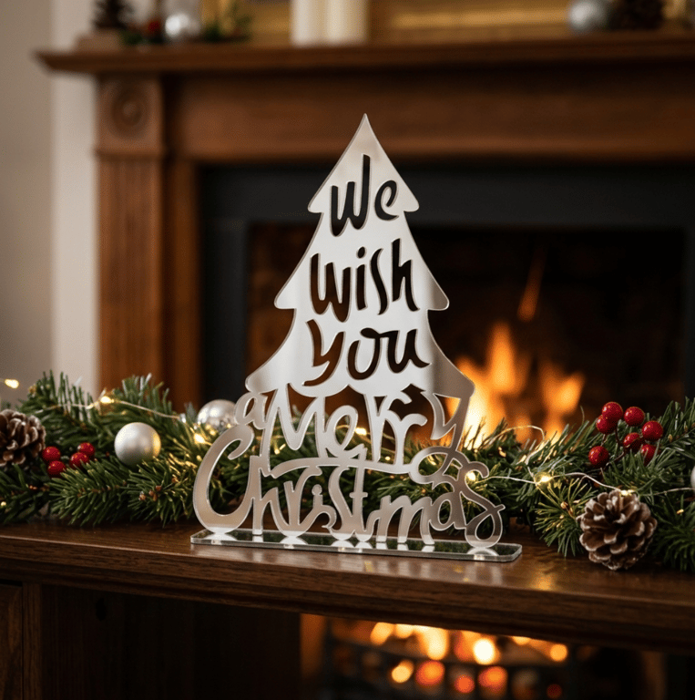  Wish You A Merry Christmas Freestanding Silver Mirrored Acrylic Sign