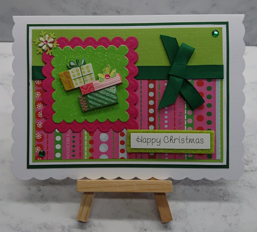 Christmas Card Happy Christmas Stack of Presents Pink Green 3D Luxury Handmade