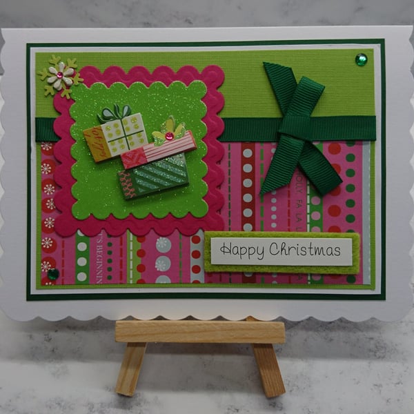Christmas Card Happy Christmas Stack of Presents Pink Green 3D Luxury Handmade