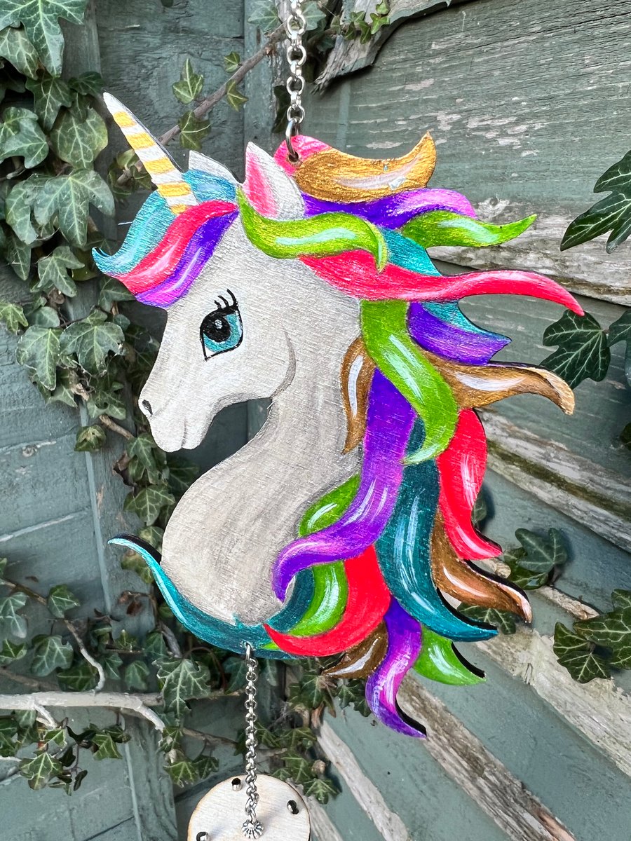 Unicorn wind chime, laser cut and hand painted. 