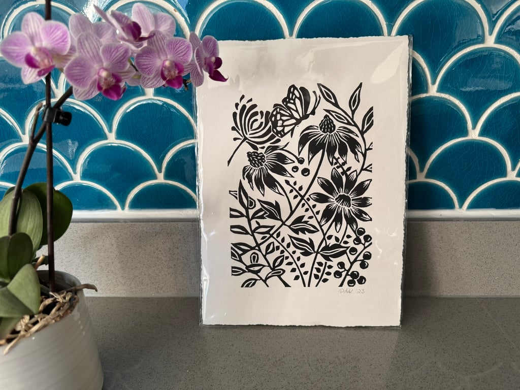Pretty Wildflowers and Butterfly Original Lino Print - Unframed 