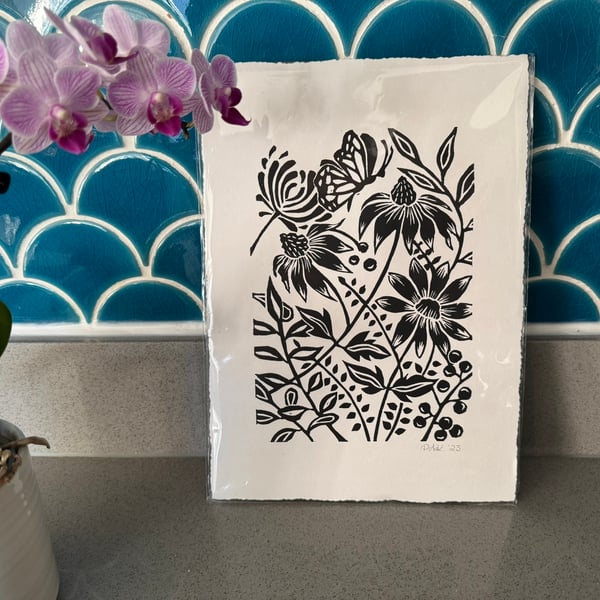 Pretty Wildflowers and Butterfly Original Lino Print - Unframed 