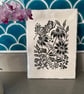 Pretty Wildflowers and Butterfly Original Lino Print - Unframed 