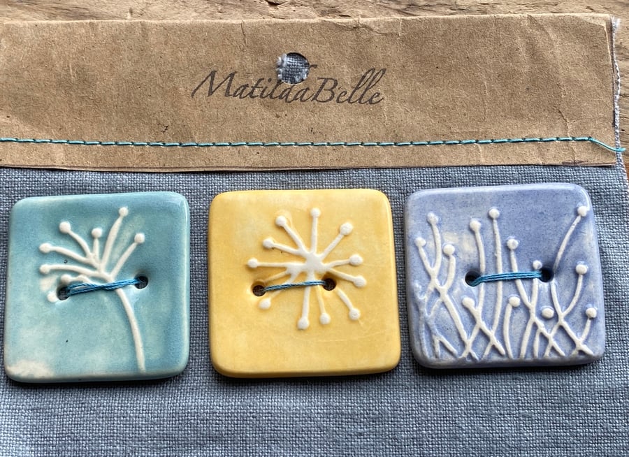 Handmade Ceramic Square Seed Head Buttons Set of 3 