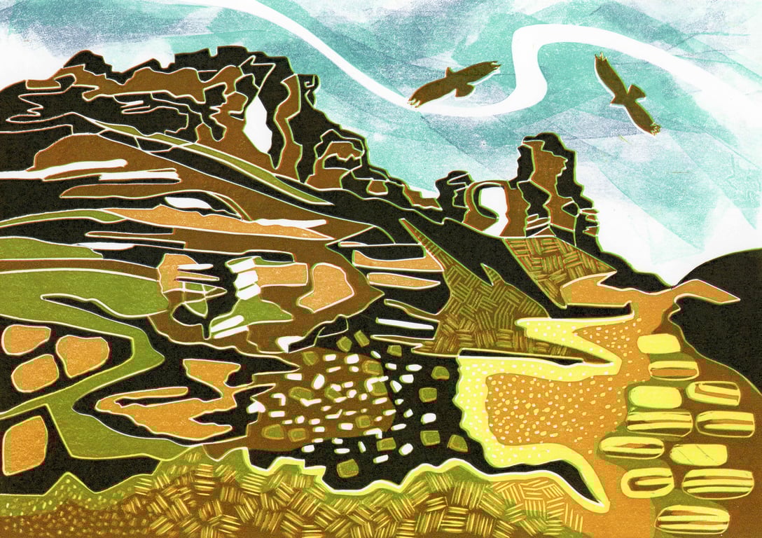 Welsh ruined castle lino print , Where Buzzards Soar.
