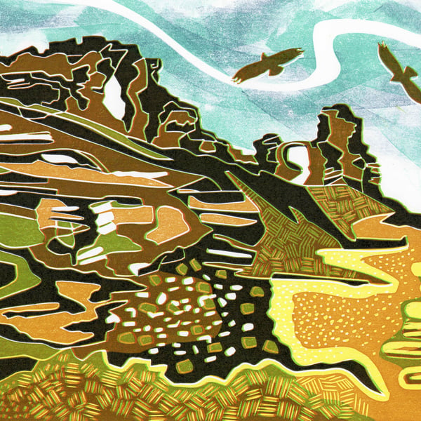 Welsh ruined castle lino print , Where Buzzards Soar.