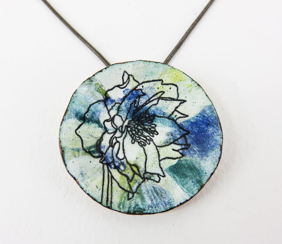 Painted Enamel and Copper Pendant with Floral Drawing.