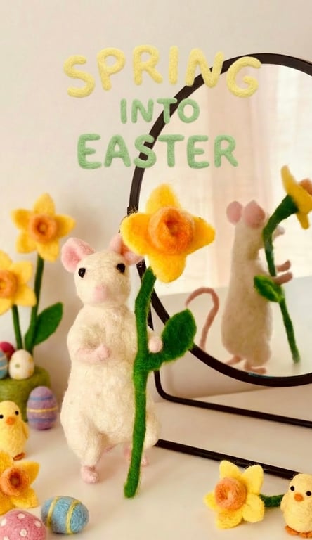 Spring easter posable felted mouse with flower accessory hand made gift