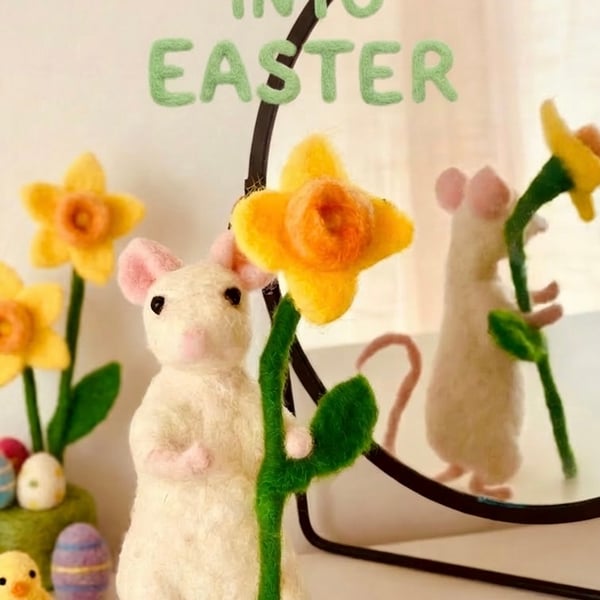 Spring easter posable felted mouse with flower accessory hand made gift