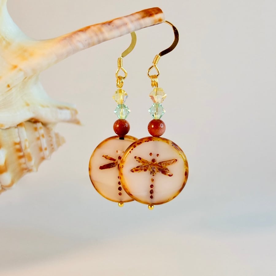 Dragonfly Glass Coin, Goldstone & Crystal Earrings - Handmade Gift, Birthday