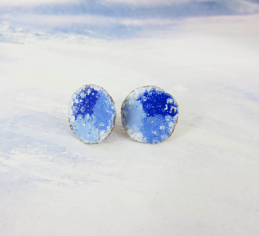 Blue Enamel and Textured Copper Stud Earrings