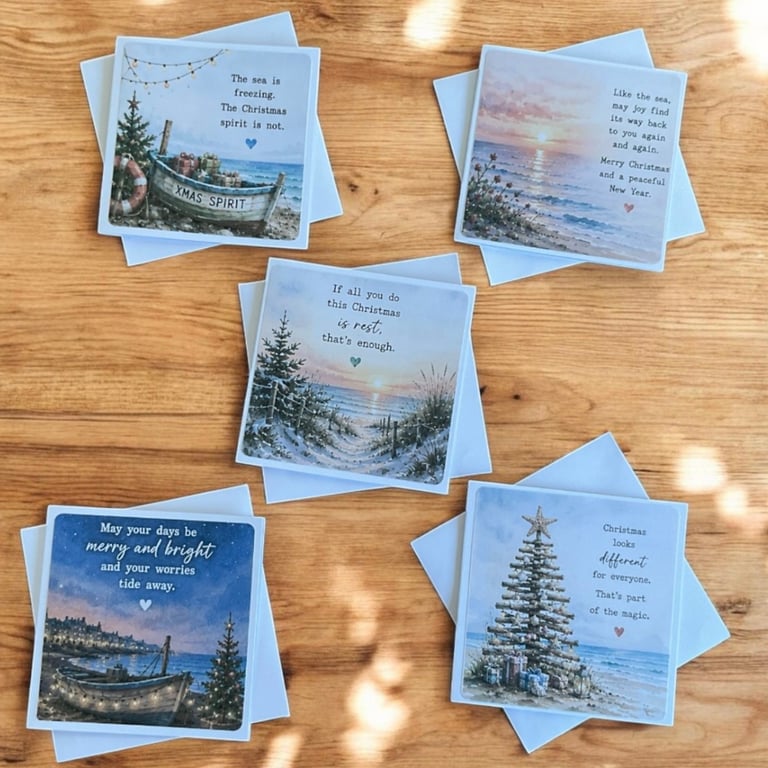 Coastal Christmas Greeting Card. Set of Five Square Seaside Christmas Cards