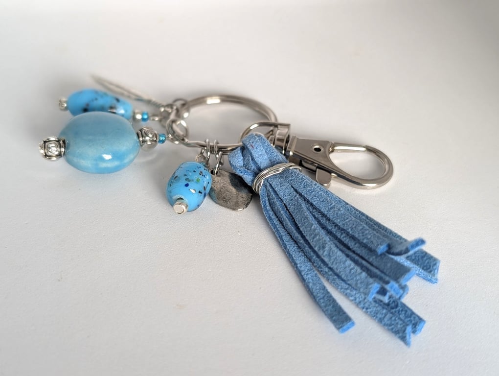 Venetian Bead Bag Charm: Turquoise Blue and Silver, Keyring and Lobster Clasp