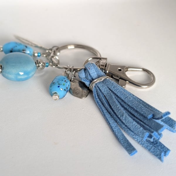 Venetian Bead Bag Charm: Turquoise Blue and Silver, Keyring and Lobster Clasp