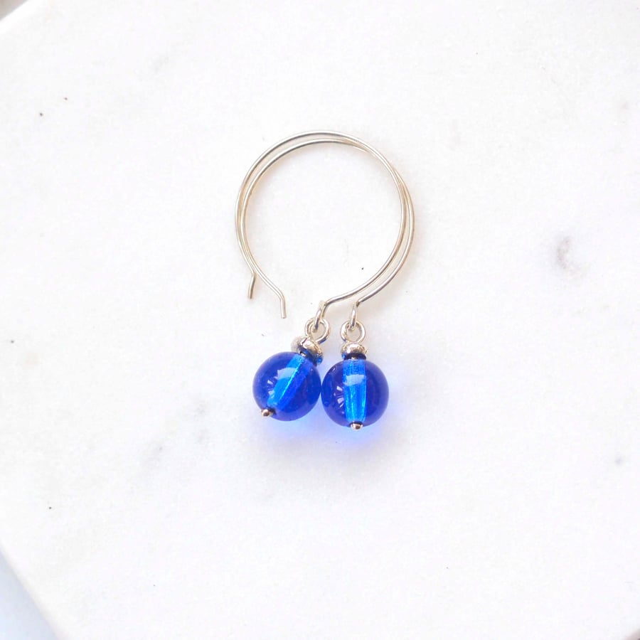 Blue Glass SIlver Hoop Earrings, Cobalt Blue Hoop Style Drop Earrings