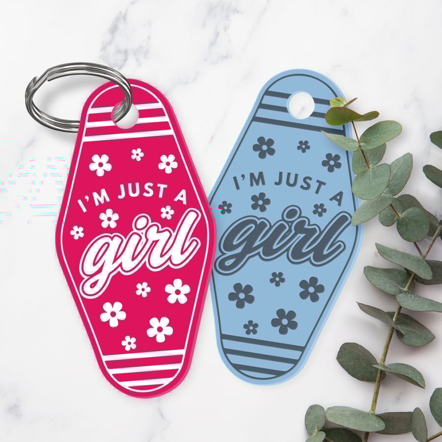 Retro Motel Keyring – “I’m Just a Girl” Acrylic Keychain - Flowers: Gift for Her