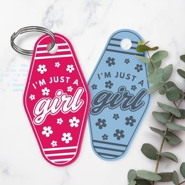Retro Motel Keyring – “I’m Just a Girl” Acrylic Keychain - Flowers: Gift for Her