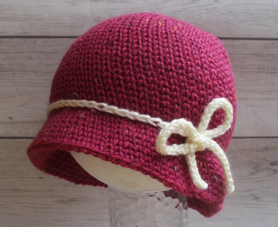 Girls Cloche Style Hat - Child 3-10 years - Pink Tweed and Cream