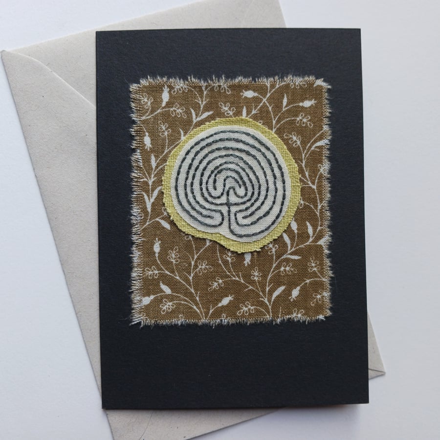 Labyrinth hand stitched card with upcycled fabric