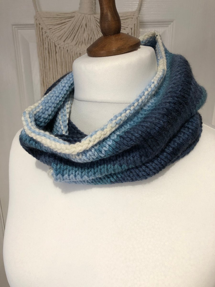 Handknitted Blue Ribbed Cowl Neck Warmer 63 x20 cms