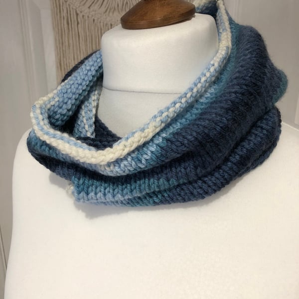 Handknitted Blue Ribbed Cowl Neck Warmer 63 x20 cms