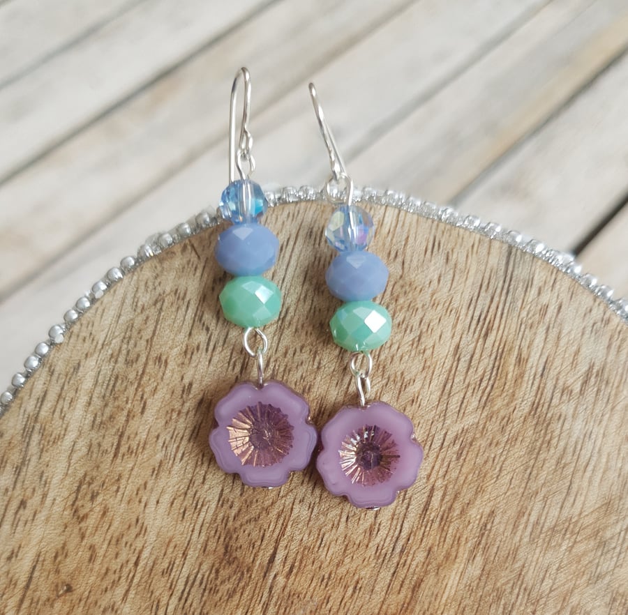 Purple Pastel Mix Czech Glass Flower Dangle Earrings