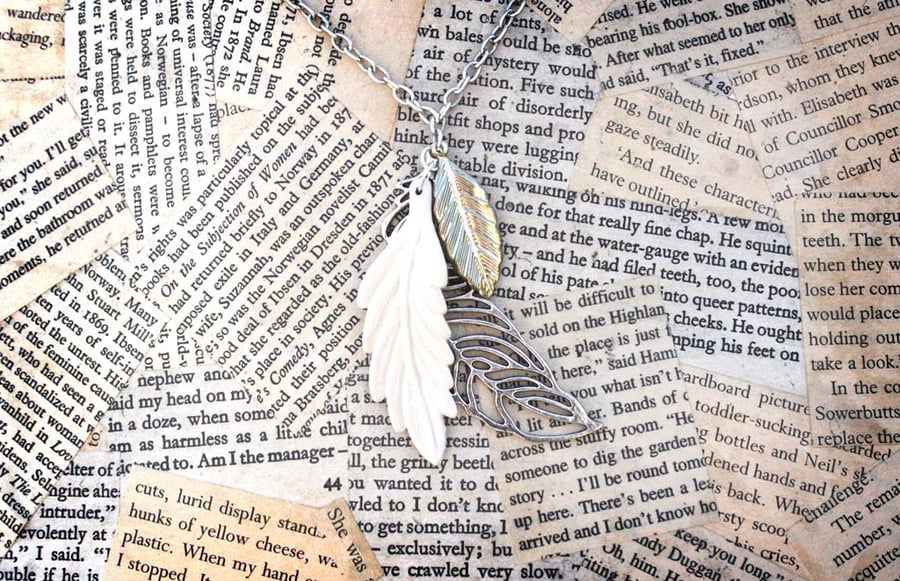 Three Feather Charm Silver Tone Necklace
