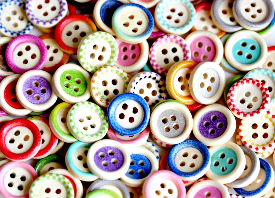 50 Mixed Design Wooden Buttons, 15mm Wooden Buttons