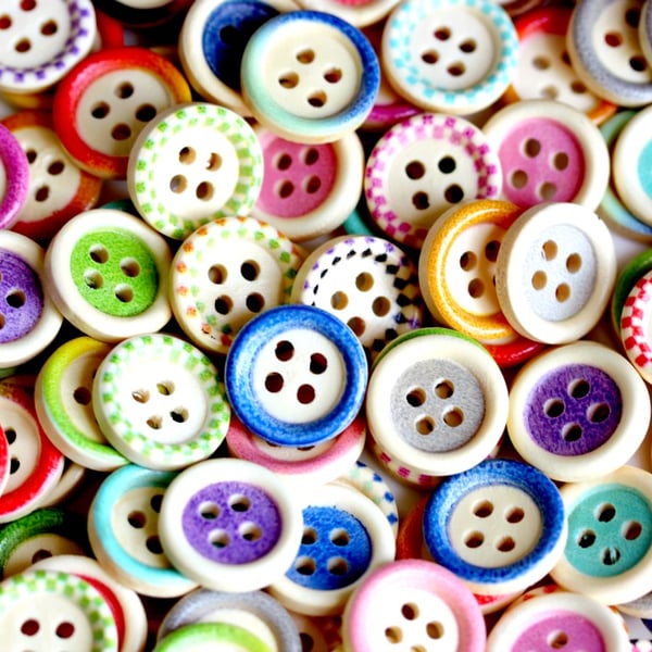 50 Mixed Design Wooden Buttons, 15mm Wooden Buttons