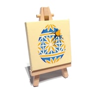 Hatching Egg Mini Painting - blue and yellow pysanka on miniature canvas