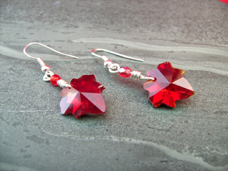 ONE DAY SALE  less than half price! Siam Red  Leaf Crystal Earrings 