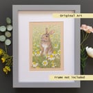 Rabbit in a patch of chamomile flowers original drawing, animal art