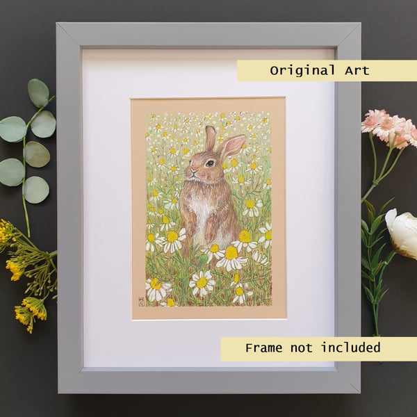 Rabbit in a patch of chamomile flowers original drawing, animal art